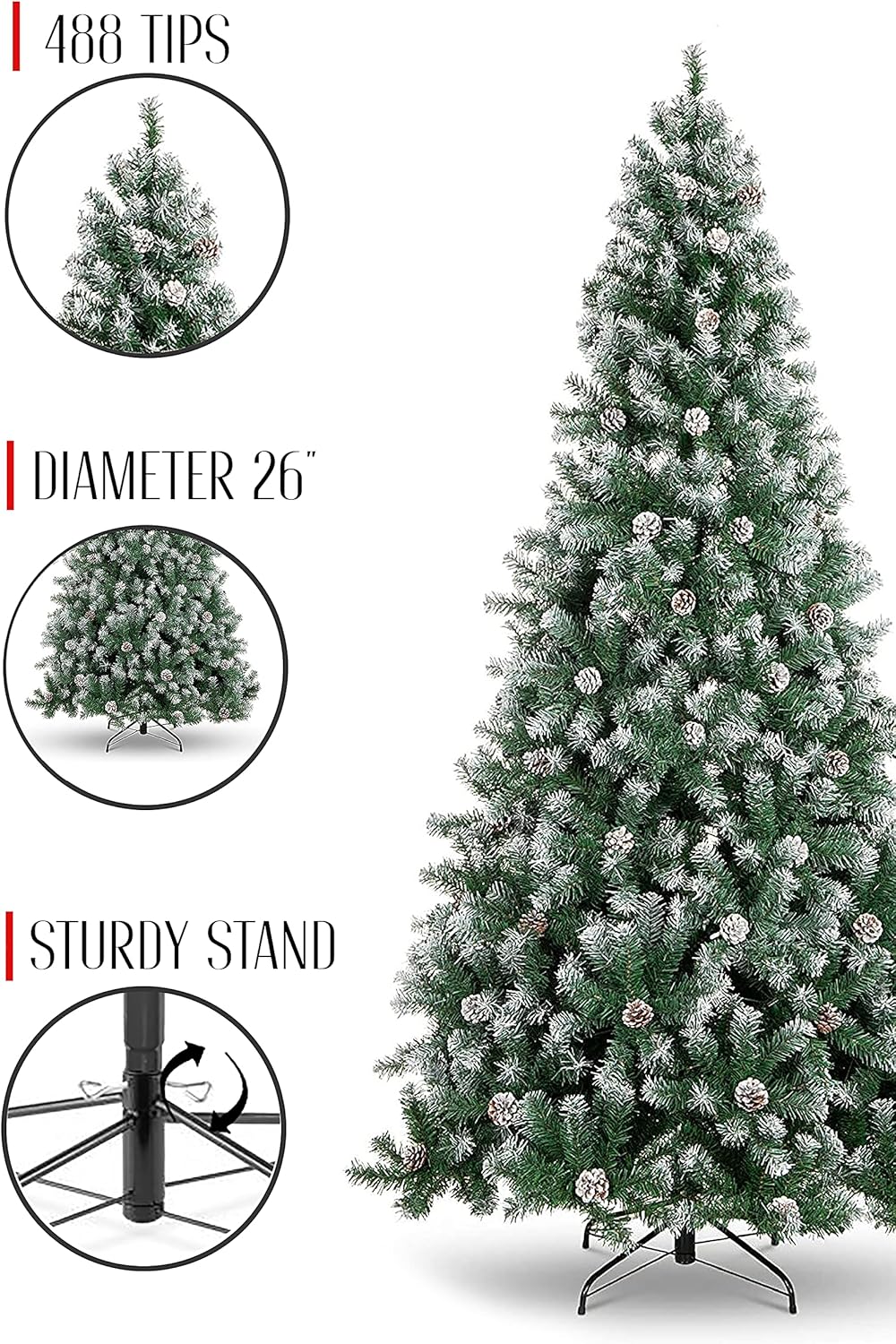Perfect Holiday 4' Frosted Oregon Fir with Snow Dusted Pine Cones with Metal Stand | 488 Tips | Dia 26"