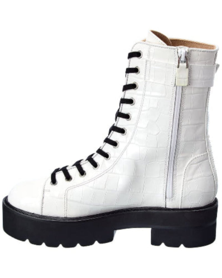 Stuart Weitzman Ryder Ultralift Croc-Embossed Leather Bootie, 8, White