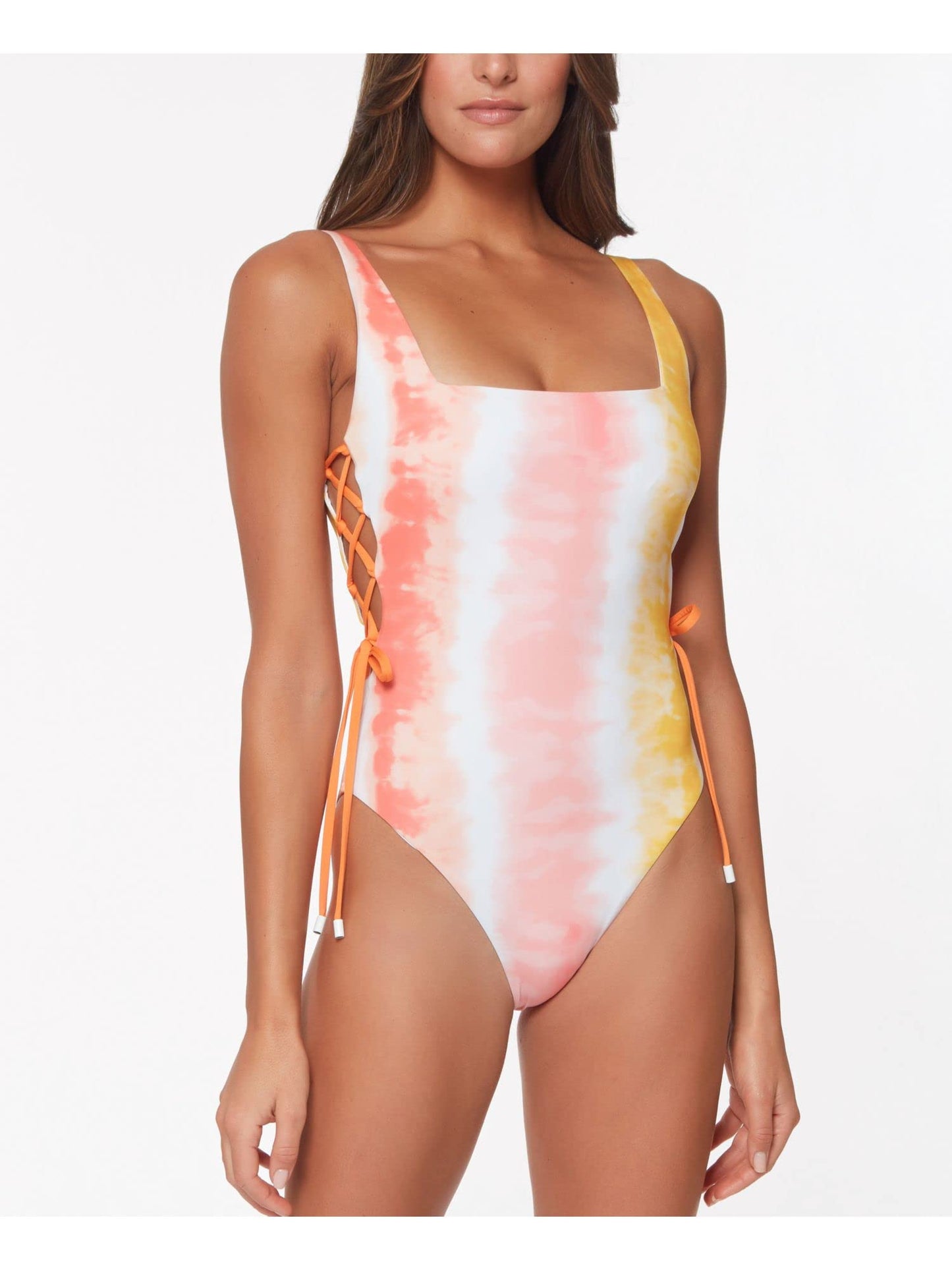 Sanctuary Women's Multi Color Tie Dye Stretch Lace-Up-Side Removable Cups Moderate Coverage Adjustable Desert Dreamer Square Neck One Piece Swimsuit L