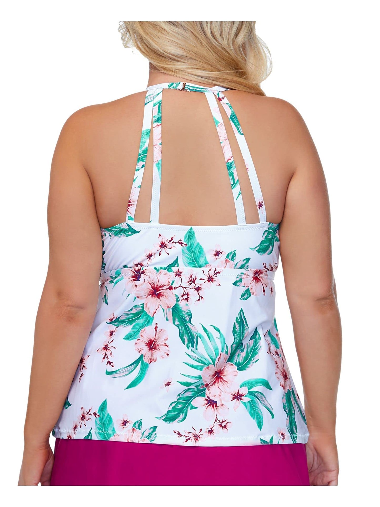 RAISINS CURVE Women's White Floral Underwire Removable Cups High Neck Tankini Swimsuit Top 16W, 16 Plus