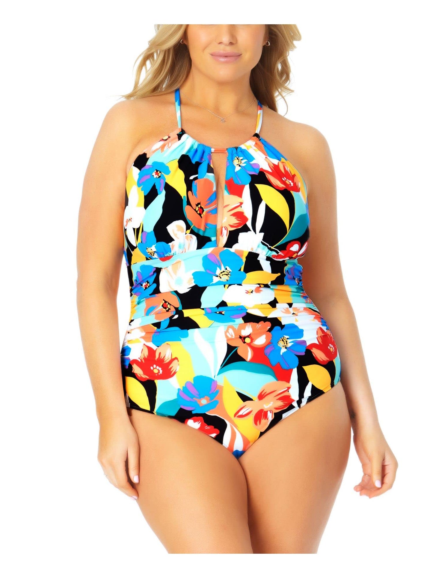 Anne Cole Modern Blooms Hi-Neck Ruffle Back Strap One-Piece Multi 22W