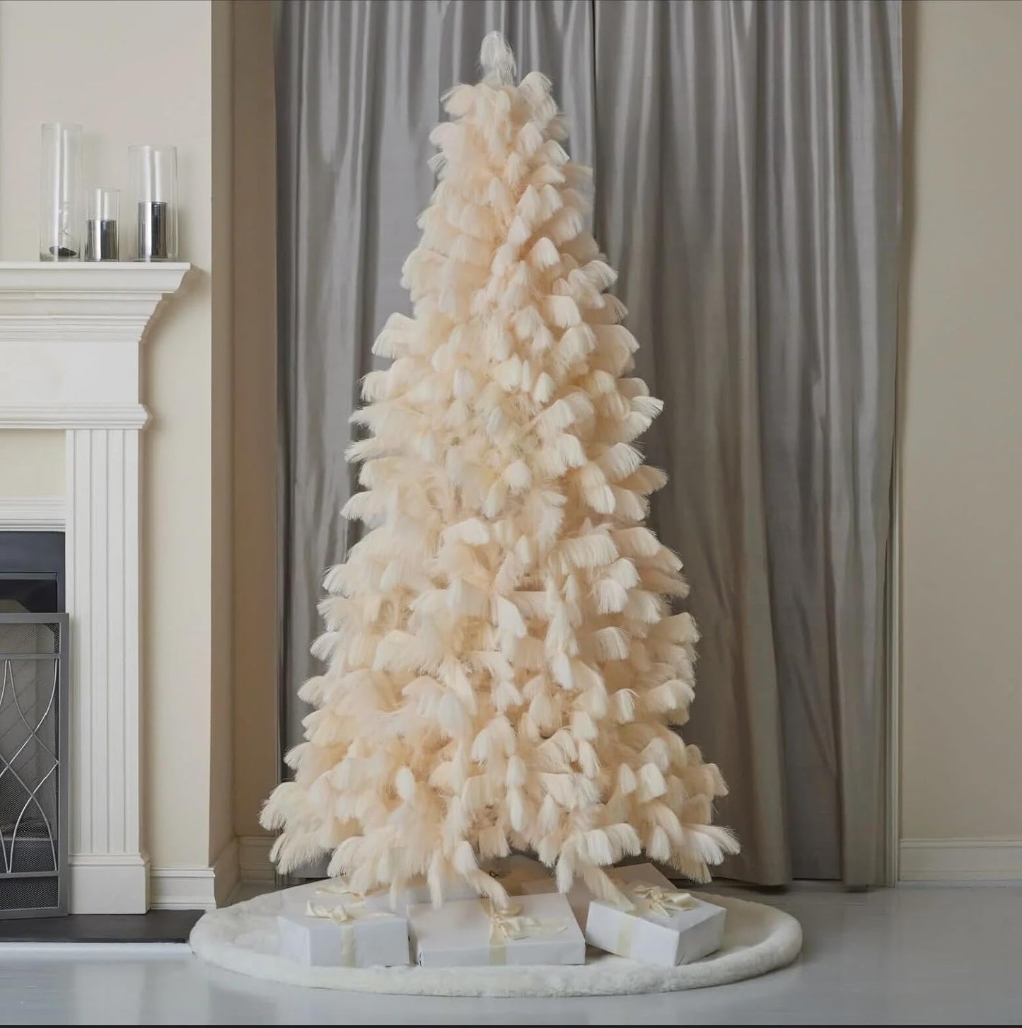 Seasonal LLC Pampas Christmas Tree | 7.5FT | 48" Diameter | Ivory | Hinged Branch Design | 7 Fire-Resistant and Non-allergenic | Folding Metal Tree Stand