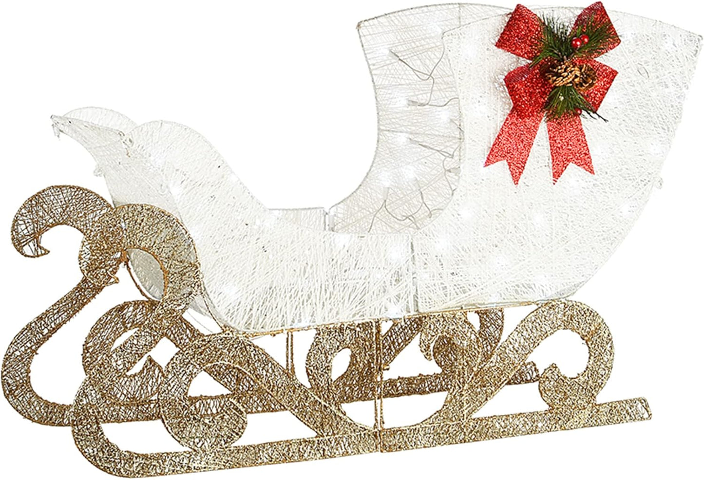 National Tree Company Prelit 48" White & Gold Sisal Reindeer and 24" Sleigh Outdoor Christmas Holiday Yard Decoration with 140 Cool White LED Lights