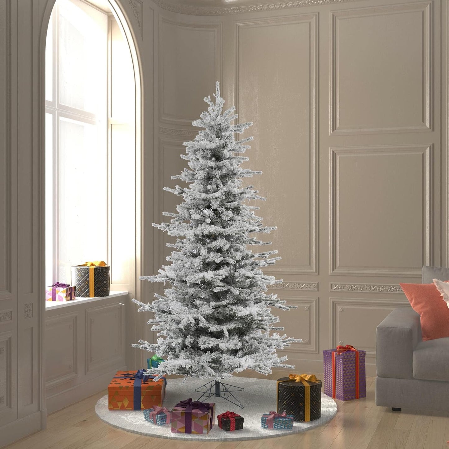 Vickerman 6.5' Flocked Sierra Fir Slim Artificial Christmas Tree, Unlit - Snow Covered Faux Tree - Seasonal Indoor Home Decor- 886 PVC Tips - Tree Stand Included