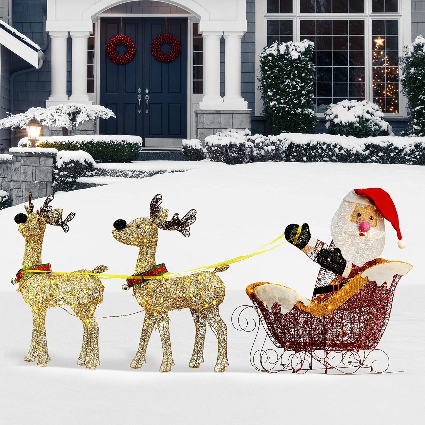National Tree Company Pre Lit Santa and Reindeer Decoration, Includes Santa, Two Reindeer, Prestrung with 225 Warm White LED Lights, Christmas Collection, 33 Inches