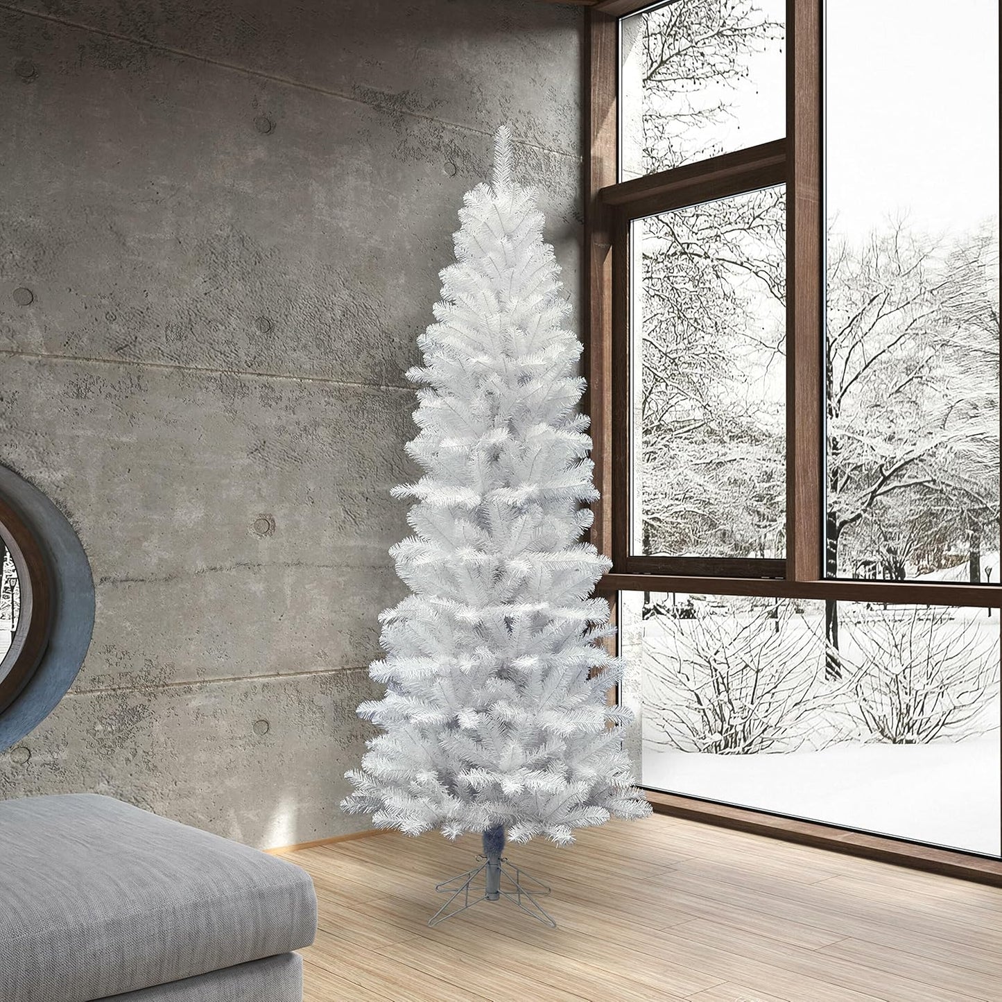 Vickerman White Salem Pencil Tree Pine with 679 Tips, 7.5-Feet by 36-Inch - Seasonal Holiday Home Decor- Metal Tree Stand Included - Easy Assembly and Storage