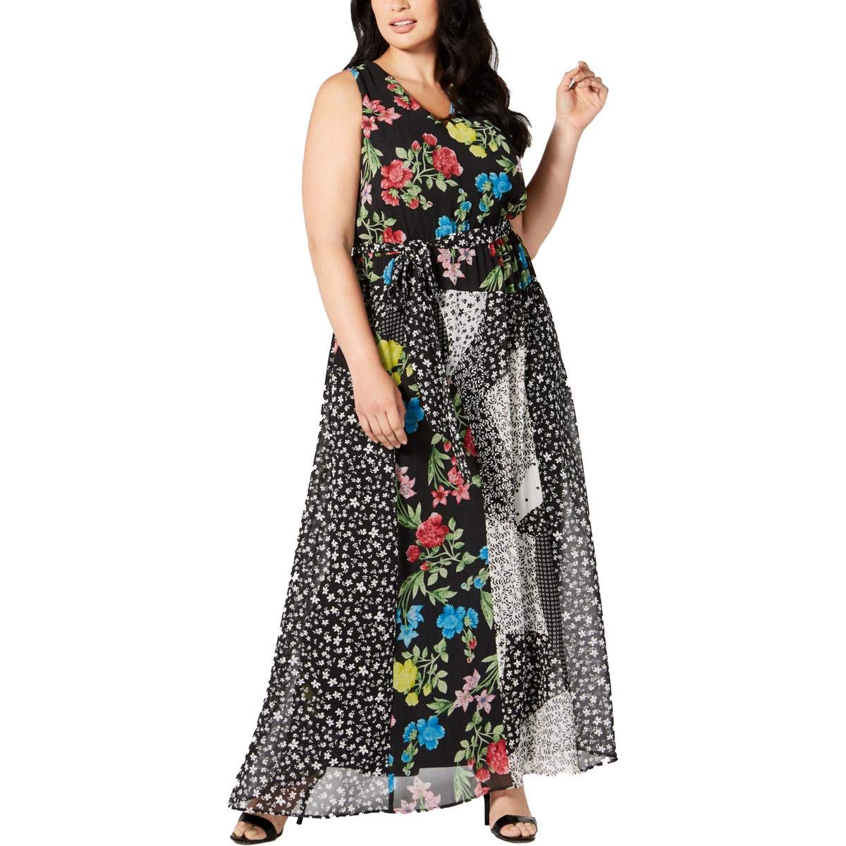 Calvin Klein Plus Size Mixed-Print Maxi Dress-0X-Black Floral