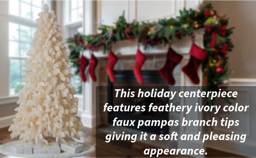 Seasonal LLC Pampas Christmas Tree | 7.5FT | 48" Diameter | Ivory | Hinged Branch Design | 7 Fire-Resistant and Non-allergenic | Folding Metal Tree Stand