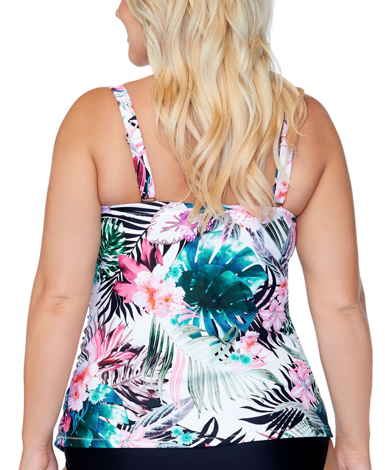 RAISINS CURVE Women's White Tropical Print Stretch Removable Cups Lined Convertible Adjustable Protea Haute Bandeau Tankini Swimsuit Top 14W